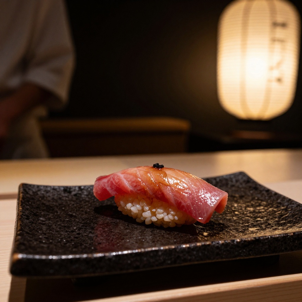 Un nigiri d’otoro servi au comptoir omakase
