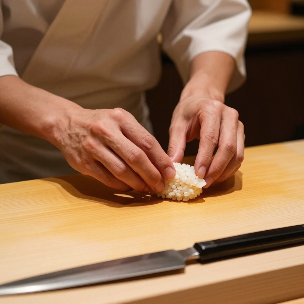 Les mains du chef façonnant un nigiri sur un comptoir en bois de hinoki