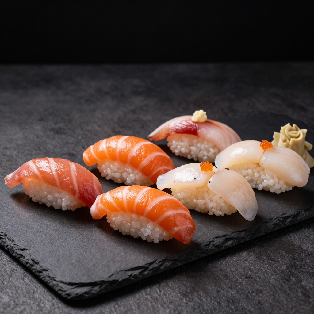 Sélection de nigiri du chef sur une ardoise sombre