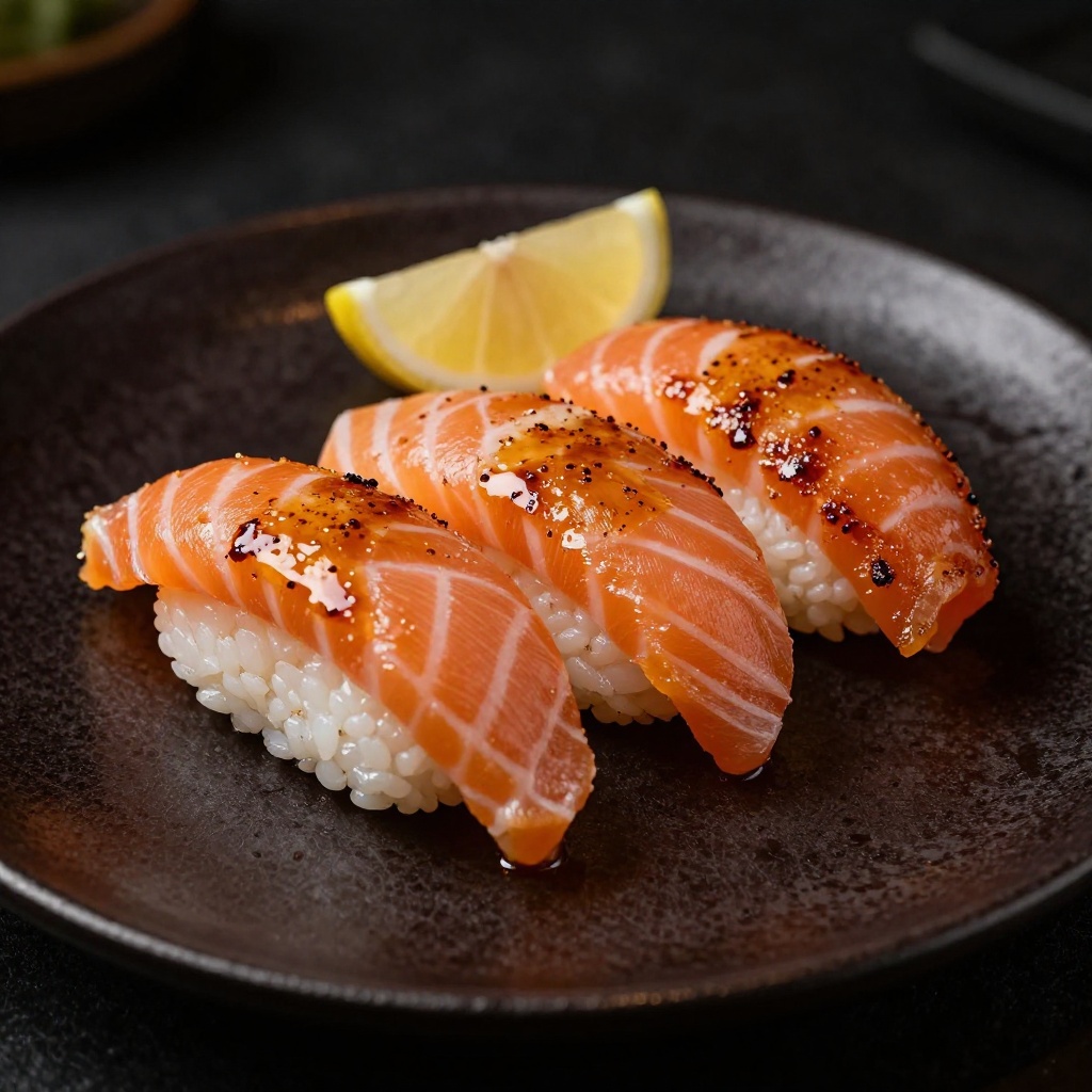 Trois nigiri de saumon aburi saisis à la flamme