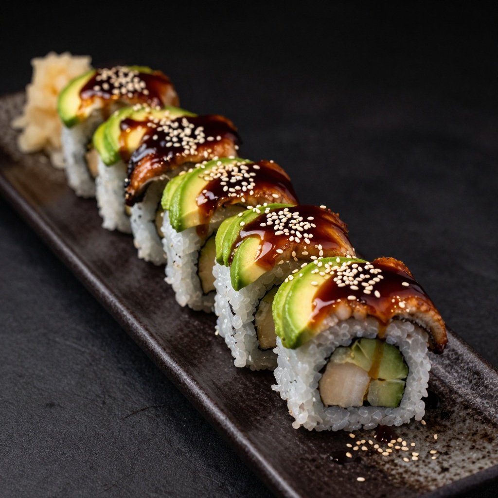 Dragon roll garni d’avocat et d’anguille